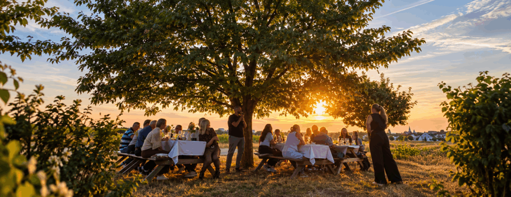 Tasting & Dining im Weingut Emmerich in Iphofen bei Sonnenuntergang